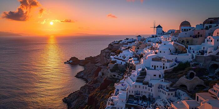 ai-generated-santorini-thira-island-in-southern-aegean-sea-greece-sunset-fira-and-oia-town-with-white-houses-overlooking-cliffs-beaches-and-small-islands-panorama-background-wallpaper-free-photo