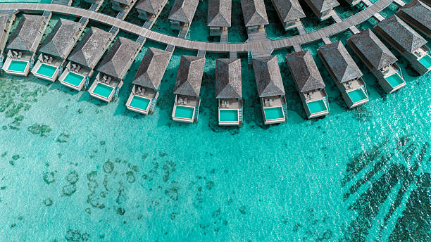 Scenic aerial capture of Maldives resort in exotic island setting.